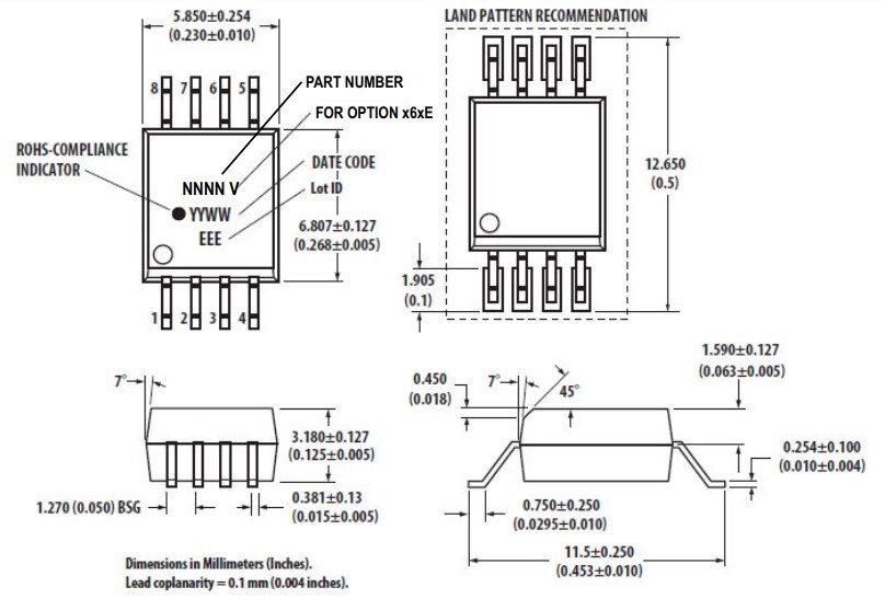 Mechanical Drawing - Broadcom ACPL-K70A/K73A High-Speed Optocouplers